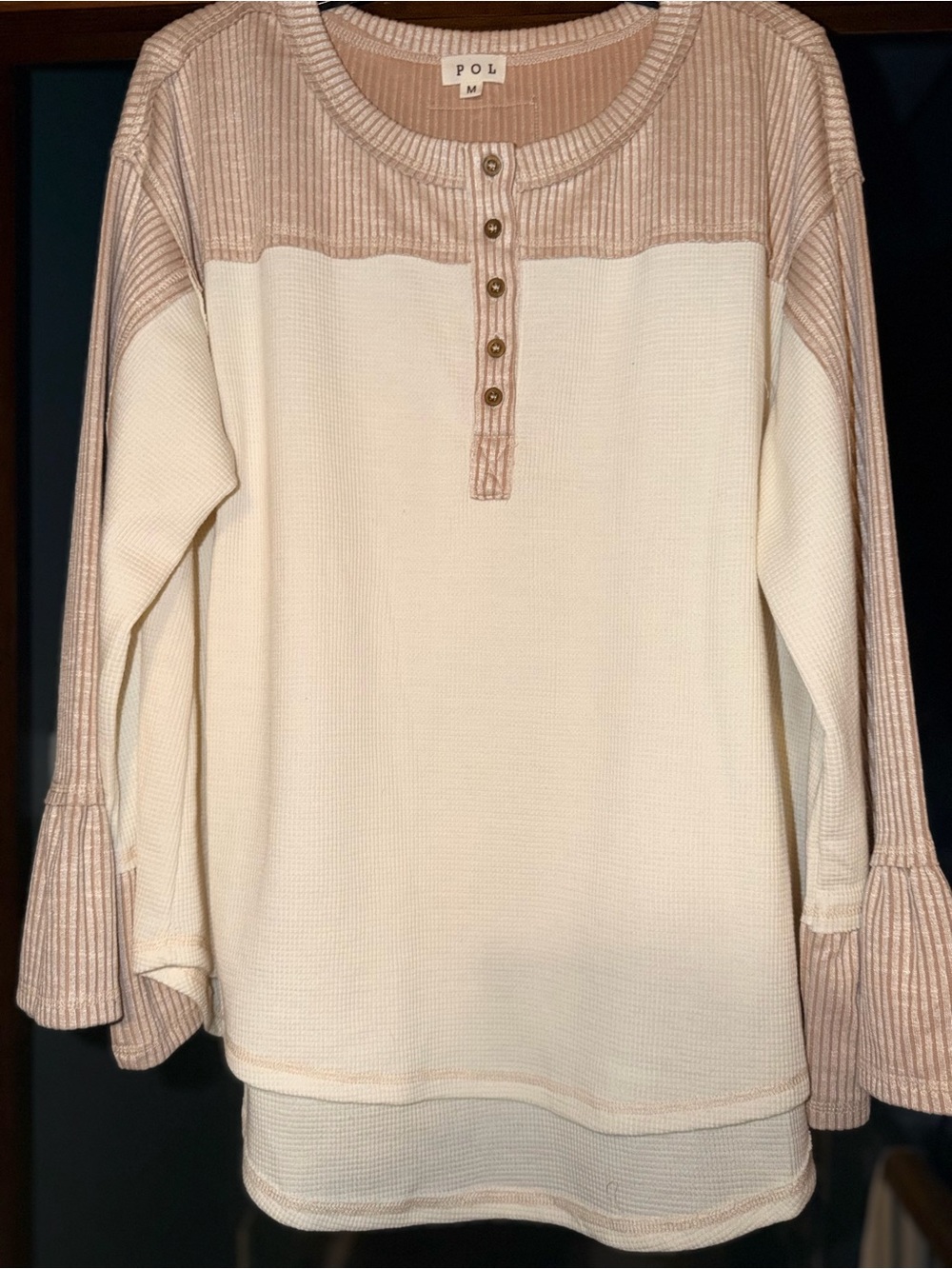 POL Ivory and Blush Rib-Trim Henley Thermal Top NWOT